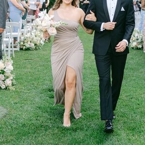 Azazie Elegant One-Shoulder Taupe Dress